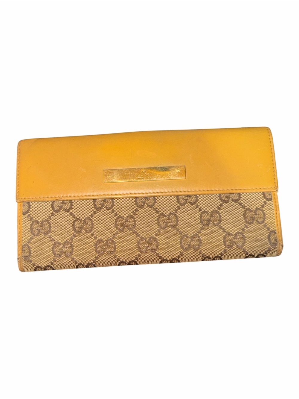 Authentic Vintage Gucci GG Canvas Yellow Leather Long Flap Wallet
